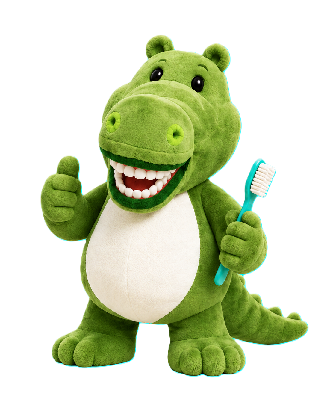 Coco el cocodrilo, mascota de Family Dental Clinic, sosteniendo un cepillo dental