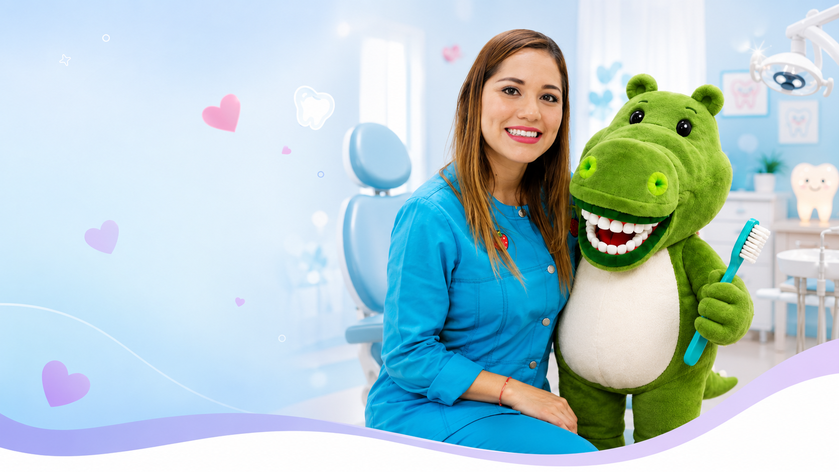Dra. Michelle Villar junto a Coco el cocodrilo, mascota de Family Dental Clinic